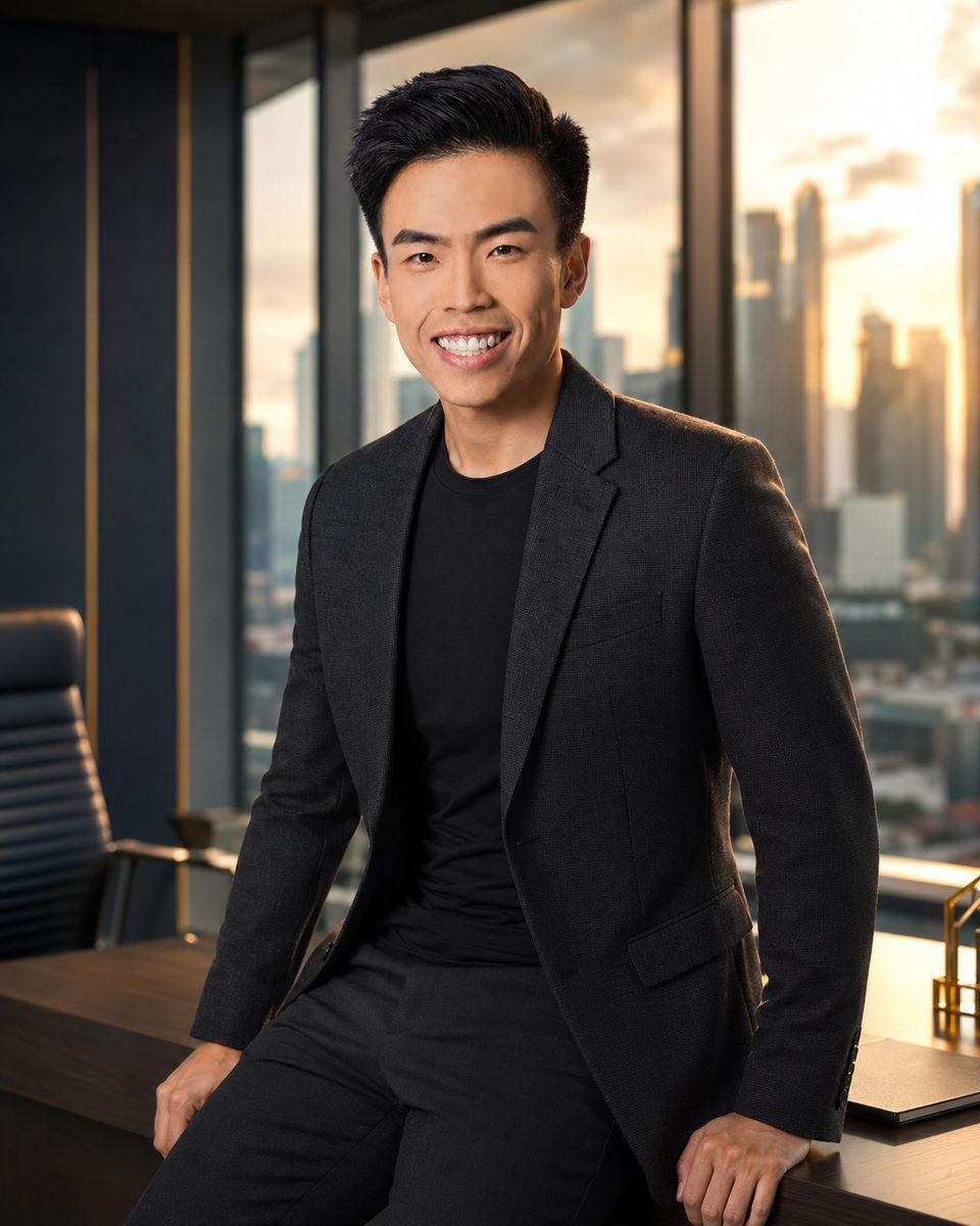 Randy Yeo with the Singapore skyline