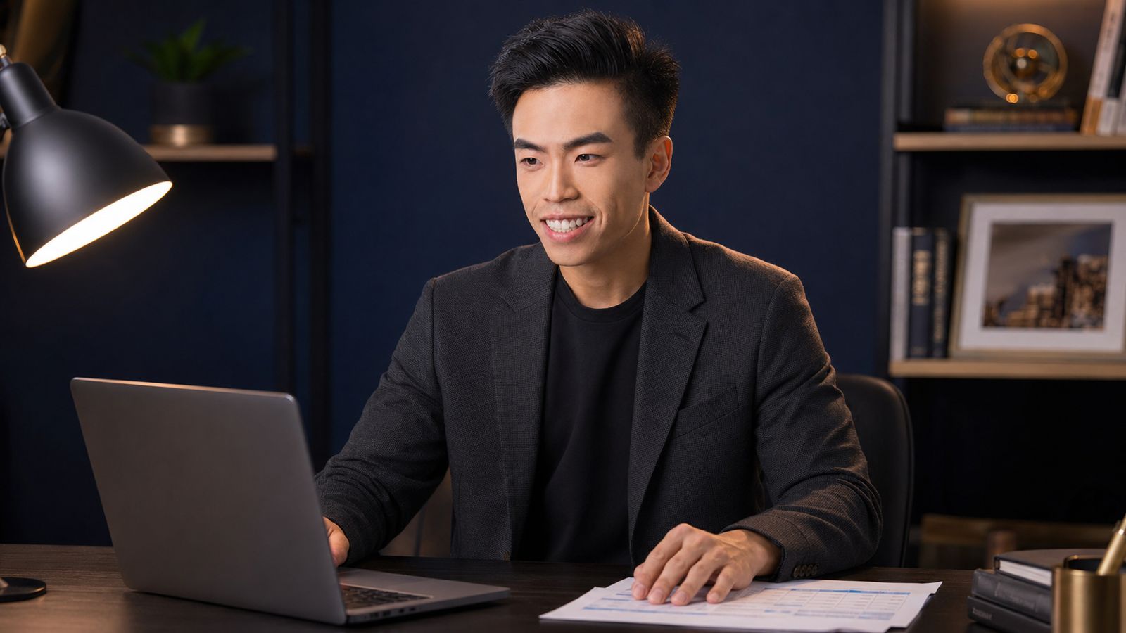 Randy Yeo reviewing property numbers at his desk
